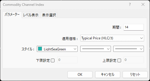 CCIのデフォルト数値の画面